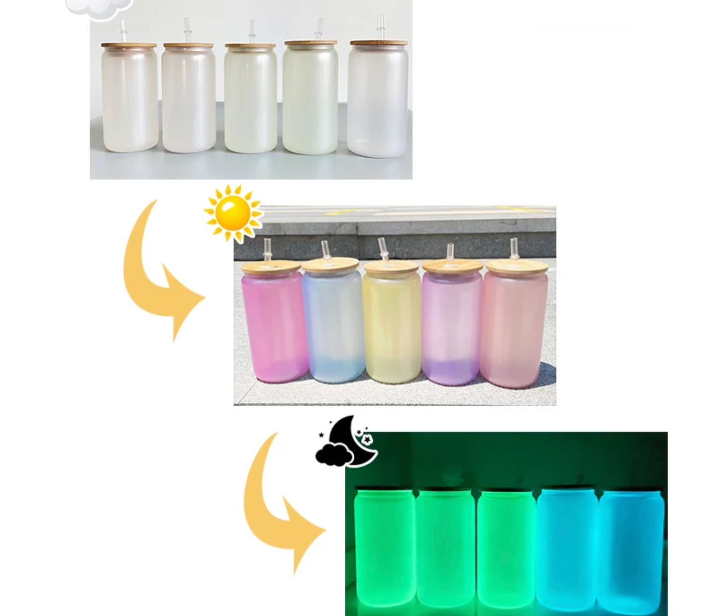 16oz UV/Glow In The Dark Glass Cans With Bamboo Lids