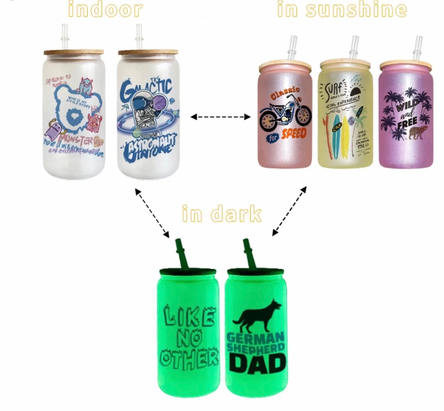 16oz UV/Glow In The Dark Glass Cans With Bamboo Lids